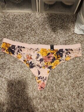 Lace Floral Thong Panty - Pink with Yellow Floral
